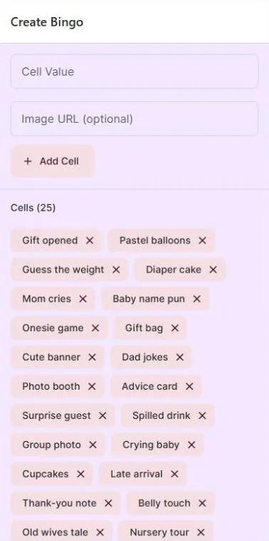 The bingo card maker with 25 baby shower squares added, such as Gift opened, Diaper cake and Mom cries